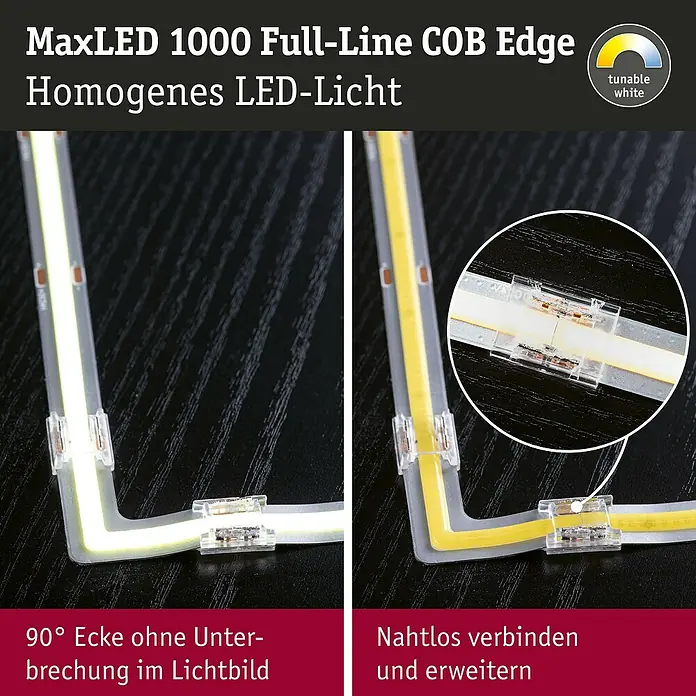 Paulmann MaxLED 1.000 LED-Band-Set Stripe Edge Full-Line COB - 3 cm, Mehrfarbig, 0,65 W, 60 lm, 230 V - 240 V - Das MaxLED 1000 Full-Line COB Edge LED-Licht sorgt für homogene Ausleuchtung und ermöglicht nahtlose 90°-Ecken ohne Unterbrechung.