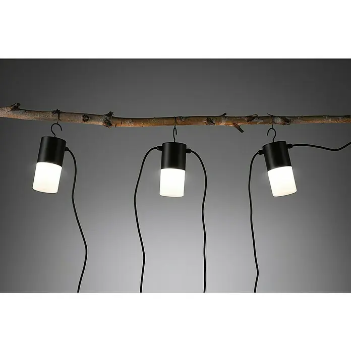 Paulmann Plug & Shine LED-Lichterkette - Außen, Lichtfarbe: Warmweiß, Anzahl Leuchtmittel: 3 Stk. - Drei Hängelampen mit schwarzem Gehäuse und weissem Licht, aufgehängt an einem Ast, sorgen für eine stimmungsvolle Beleuchtung.