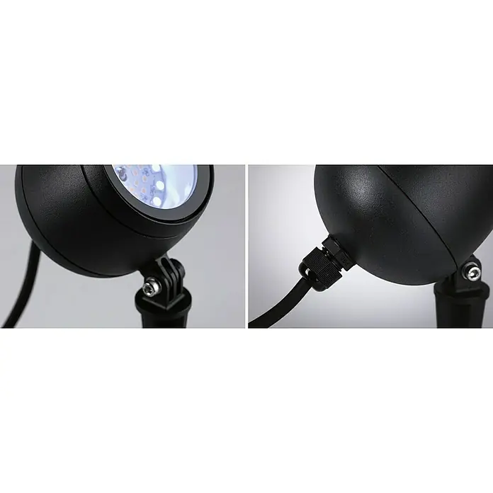 Paulmann Plug & Shine LED-Gartenspot Kikolo - 6,2 W, IP65, RGBW, Anthrazit - Nahaufnahme einer schwarzen LED-Gartenleuchte mit Erdspieß und Kabelanschluss für den Außenbereich.
