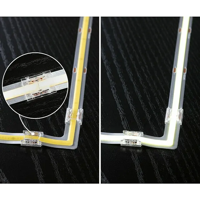 Paulmann MaxLED 1.000 LED-Band-Set Stripe Edge Full-Line COB3 cm, Warmweiß, 0,6 W, 54 lm, 230 V - 240 V - LED-Streifenverbinder im Detail: Nahaufnahme der nahtlosen Verbindung von LED-Streifen für eine gleichmäßige Beleuchtungslösung.