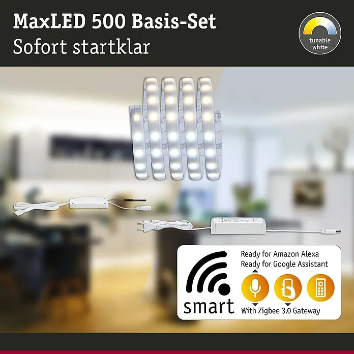 Paulmann MaxLED 500 LED-Band-Set Basisset Zigbee - 150 cm, Warmweiß, 12 W, 765 lm, 230 V - 240 V - MaxLED 500 Basis-Set mit smarten, abstimmbaren weißen LED-Streifen, Netzteil und Steuerung. Sofort startklar, kompatibel mit Alexa/Google Assistant über Zigbee 3.0.