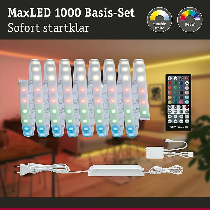 Paulmann MaxLED 1.000 LED-Band Basisset beschichtet - 300 cm, RGBW, 40 W, 3.000 lm - Abbildung des MaxLED 1000 Basis-Sets, bestehend aus LED-Streifen, Controller und Netzteil, sofort einsatzbereit für stimmungsvolle Beleuchtung.