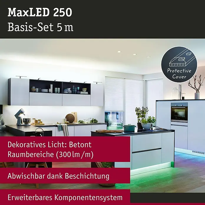 Paulmann MaxLED 250 Smart-LED-Band Basisset beschichtet Zigbee - 500 cm, RGBW, 27 W, 900 lm, 230 V - 240 V - MaxLED 250 5m Basis-Set, abwischbares dekoratives LED-Licht für Küchenarbeitsplatten und Sockel, betont Raumbereiche.