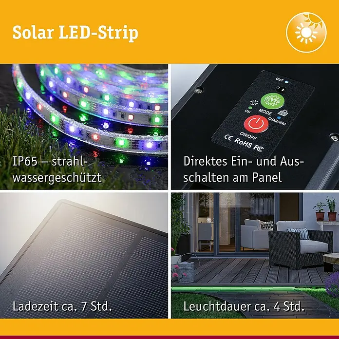 Paulmann LED-Band-Set Stripe Solar - 5 m, RGB, 3,2 W, 300 lm, 5 V - Solar LED-Streifen Produktbild mit Nahaufnahmen der LED-Leuchten, Bedienelemente, Solarpanel und Anwendungsbeispiele.