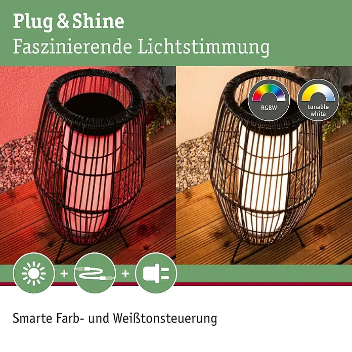 Paulmann Plug & Shine LED-Außenleuchte Basket - 3,2 W, Schwarz, IP44 - Schwarze geflochtene Außenleuchte mit smarter RGBW- und abstimmbarer Weißlichtfunktion, leuchtend in Rot und Warmweiß auf Holzterrasse.