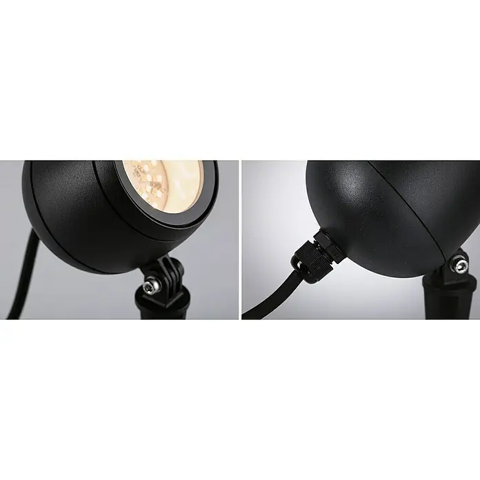 Paulmann Plug & Shine LED-Gartenspot Kikolo - 6,2 W, IP65, Warmweiß, Anthrazit - Nahaufnahme einer schwarzen Gartenleuchte mit LED-Licht und verstellbarem Sockel auf grauem Hintergrund.