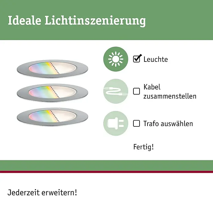 Paulmann Plug & Shine Bodeneinbauleuchten-Basis-Set Floor - Ø x H: 7 x 3 cm, 3 Stk., RGBW - Grafik zeigt silberne Leuchten mit Farbwechsel, 3-Schritte-Anleitung zur Beleuchtung: Leuchte, Kabel zusammenstellen, Trafo auswählen.