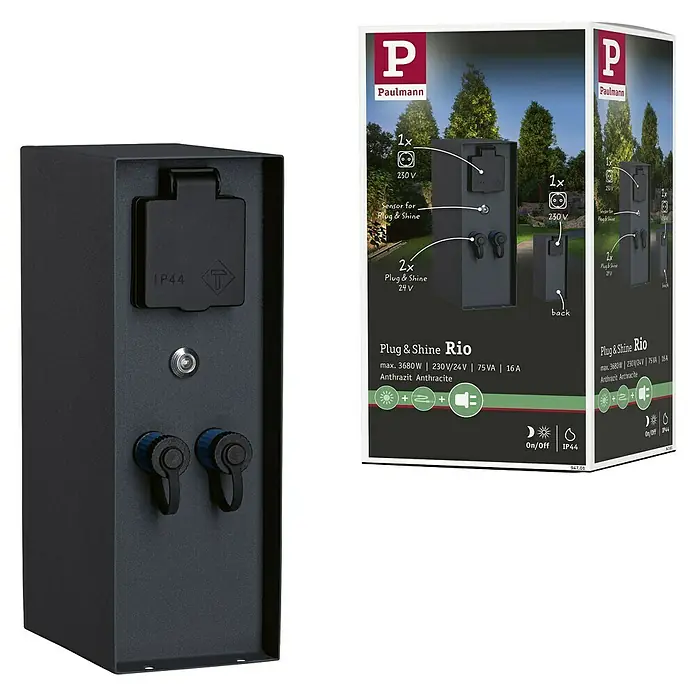 Paulmann Plug & Shine Steckdosensäule Rio - Anthrazit, Höhe: 23 cm, IP44, Mit Dämmerungssensor - Das Paulmann Plug & Shine Rio-System: Eine anthrazitfarbene Außensteckdose mit Lichtsensor und zwei Plug & Shine-Anschlüssen für den Garten.