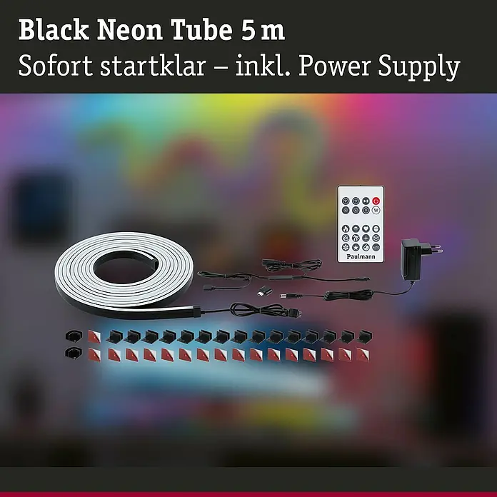 Paulmann LED-Band-Set Black Neon Tube - Länge: 500 cm, Lichtfarbe: RGB, 14 W, 230 V - 240 V - 5m schwarzer LED-Neonschlauch, aufgerollt, mit Fernbedienung, Netzteil und Montagezubehör auf buntem Hintergrund.