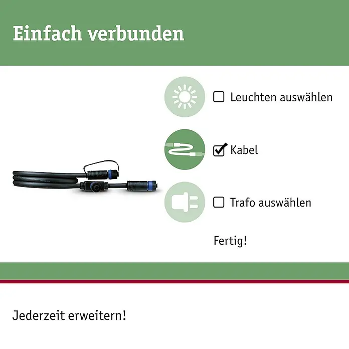 Paulmann Plug & Shine Verbindungskabel - 1 m, 2 Anschlüsse, IP68 - Schwarzes Spiralkabel mit blauen und schwarzen wasserdichten Steckern, im Kontext eines modularen Beleuchtungssystems.