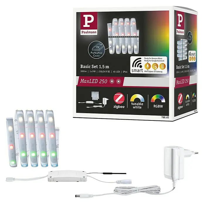 Paulmann MaxLED 250 Smart-LED-Band Basisset beschichtet Zigbee - 150 cm, RGBW, 11 W, 270 lm, 230 V - 240 V - Produktbild: Paulmann MaxLED 250 Basic Set 1,5m mit smarter Zigbee-Technologie, tunable white und RGBW-Farbwechsel für individuelle Beleuchtung.