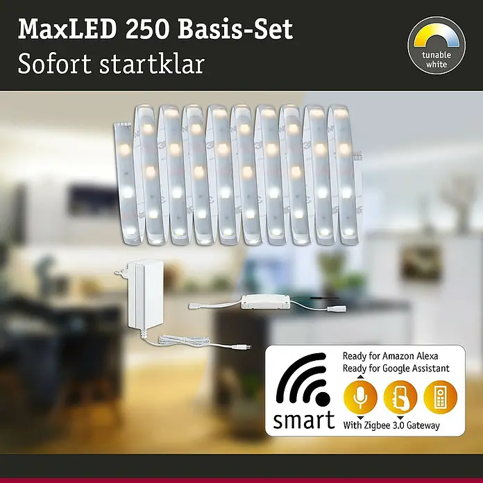 Paulmann MaxLED 250 Smart-LED-Band Basisset beschichtet Zigbee - 300 cm, Warmweiß, 15 W, 750 lm, 230 V - 240 V - MaxLED 250 Basis-Set mit tunable white LED-Streifen, Netzteil und smarter Steuerung. Alexa/Google Assistant über Zigbee 3.0-Gateway.