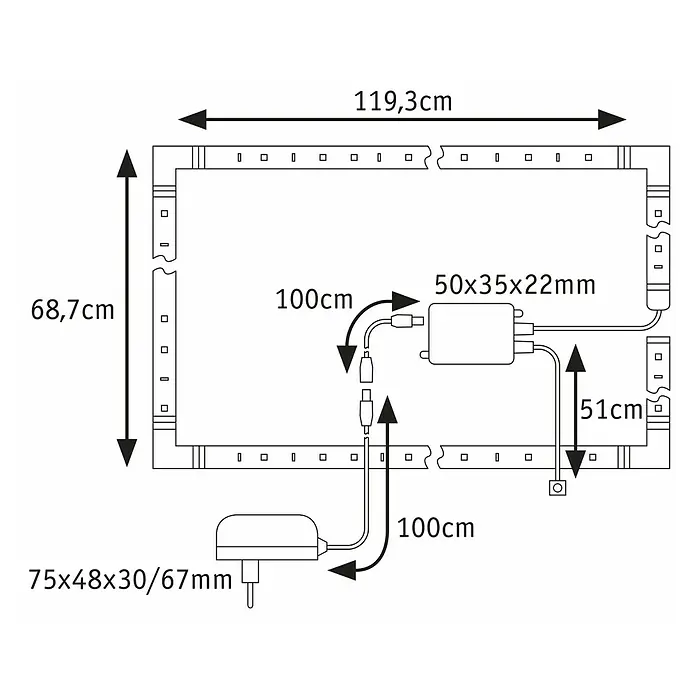 Paulmann MaxLED 250 LED-Band-Set Comfort TV 55 Zoll - 360 cm, RGBW, 23,5 W, 1.000 lm, 230 V - 240 V - Eine schematische Darstellung der LED-Leuchte mit ihren Abmessungen und Details zu den Bauteilen.