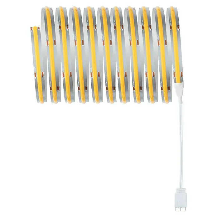 Paulmann MaxLED 1.000 Basis-Set Full-Line COB - 300 cm, 40 W, Warmweiß, 3.240 lm - Eine Nahaufnahme von LED-Streifen mit gelbem Lichtband und Anschlusskabel, ideal für stimmungsvolle Beleuchtung.