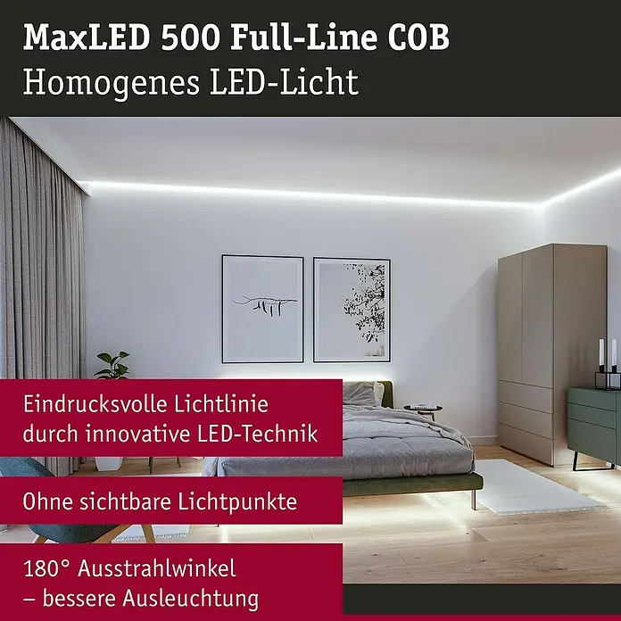 Paulmann MaxLED 500 Verlängerungs-Set Full-Line COB - 1,5 m, 12 W, Tageslichtweiß, 900 lm - MaxLED 500 Full-Line COB: Homogene, durchgehende LED-Lichtleiste in einer modernen Decke für breite, gleichmäßige Ausleuchtung.