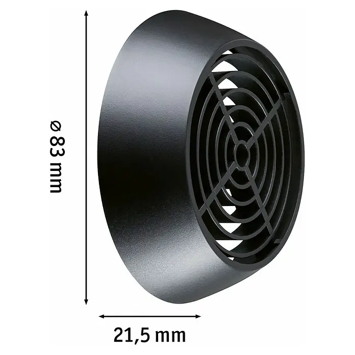 Paulmann Plug & Shine Entblendungsaufsatz Kikolo Grid - 8,3 x 2,15 cm, Anthrazit - Abbildung eines schwarzen runden Lüftungsgitters mit den Maßen 83 mm Durchmesser und 21,5 mm Tiefe.