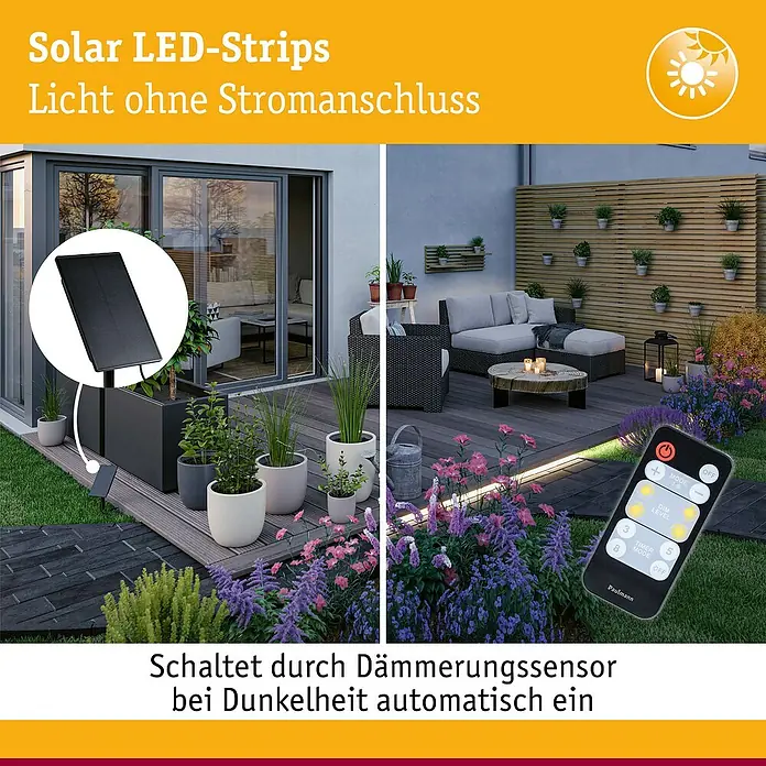 Paulmann LED-Band-Set Stripe Solar - 10 m, Warmweiß, 3,8 W, 300 lm, 5 V - Solar LED-Streifen für den Außenbereich. Die Leuchten schalten sich bei Dämmerung automatisch ein und lassen sich per Fernbedienung steuern.