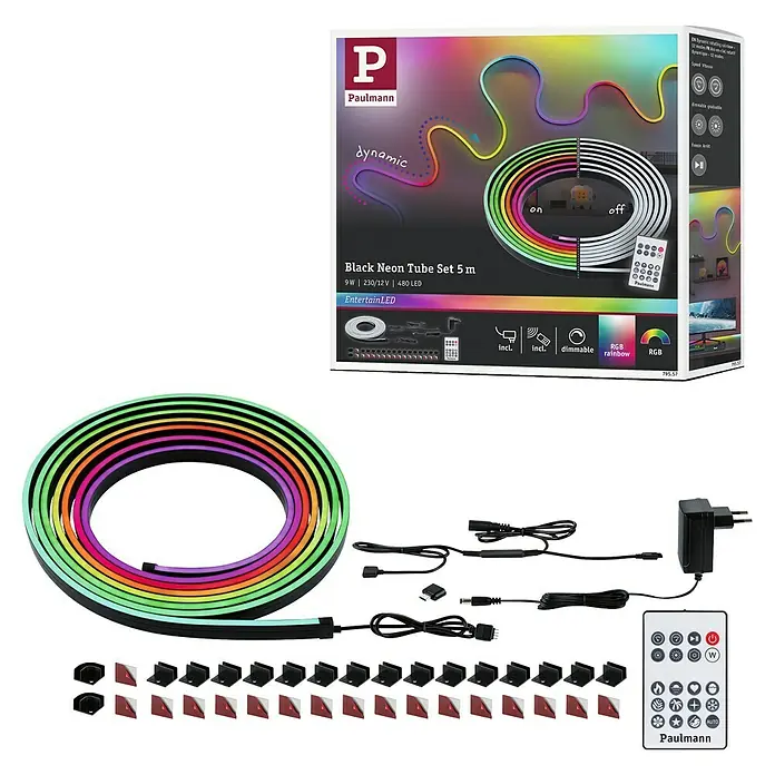 Paulmann LED-Band-Set Black Neon Tube - Länge: 500 cm, Lichtfarbe: RGB, 14 W, 230 V - 240 V - Produktbild des Paulmann Black Neon Tube Sets 5 m, ein dynamisches LED-Beleuchtungssystem für den Innenbereich.