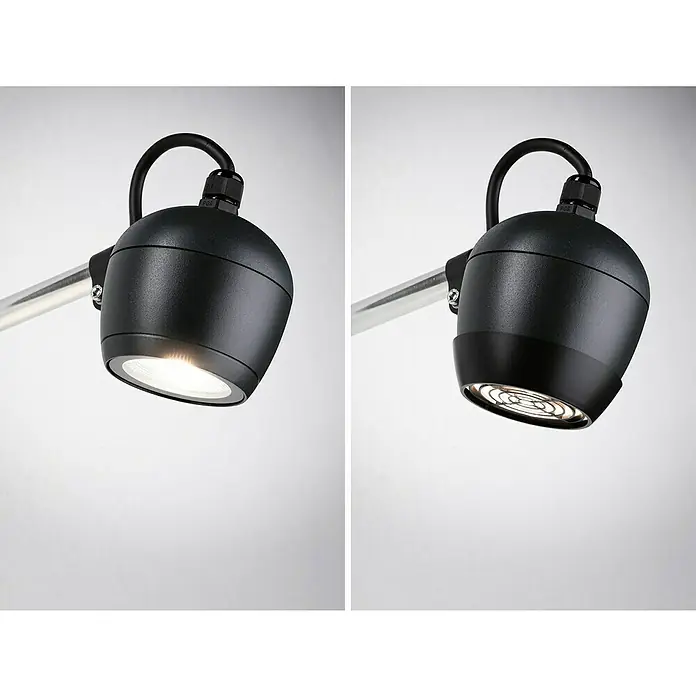 Paulmann Plug & Shine Entblendungsaufsatz Kikolo Grid - 8,3 x 2,15 cm, Anthrazit - Zwei schwarze LED-Strahler, einer mit hellem Licht, der andere mit dunklerem Licht, die auf einer Stange montiert sind.