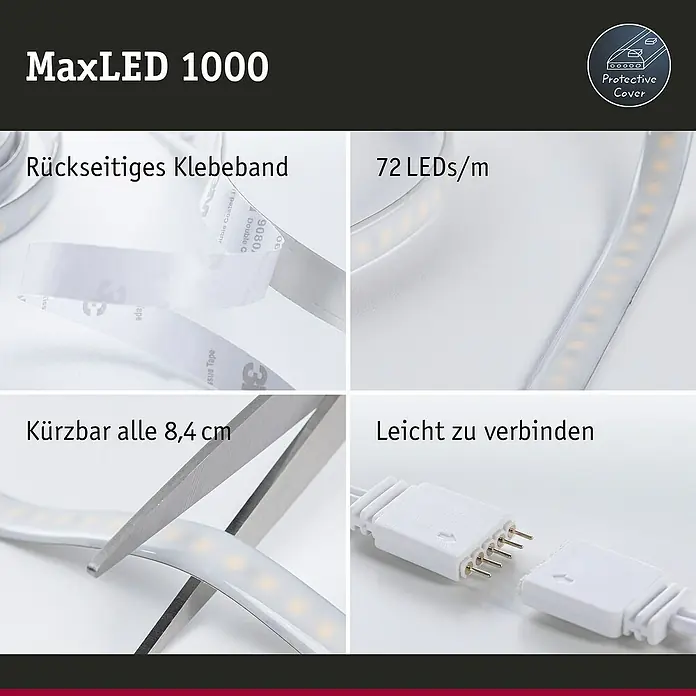 Paulmann MaxLED 1.000 LED-Band Basisset beschichtet - 300 cm, RGBW, 40 W, 3.000 lm - Nahaufnahme des MaxLED 1000 LED-Streifens, der seine Flexibilität und einfache Installation mit Klebeband und Verbindern zeigt.