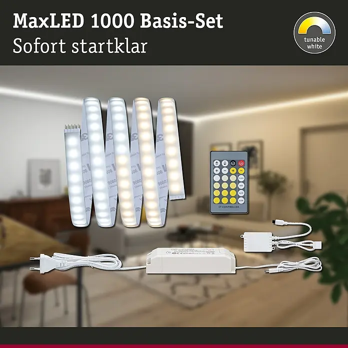 Paulmann MaxLED 1.000 LED-Band Basisset beschichtet - 150 cm, Mehrfarbig, 21 W, 1.530 lm - Das MaxLED 1000 Basis-Set mit tunable white LED-Streifen, Fernbedienung und Zubehör für sofortige Beleuchtungslösungen.