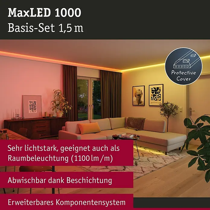 Paulmann MaxLED 1.000 LED-Band Basisset beschichtet - 150 cm, RGBW, 24 W, 1.500 lm - MaxLED 1000 Basis-Set 1,5 m: LED-Streifen für Raumbeleuchtung mit hoher Leuchtkraft, abwischbarer Beschichtung und erweiterbarem Komponentensystem.