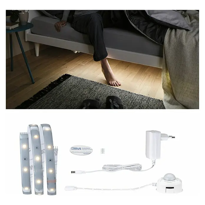 Paulmann MaxLED 250 Set de tiras LED Night Comfort - 100 cm, Blanco cálido, 5 W, 300 lm, 230 V - 240 V - Luz de cama inteligente con sensor de movimiento y tiras LED para una iluminación cómoda en el dormitorio.