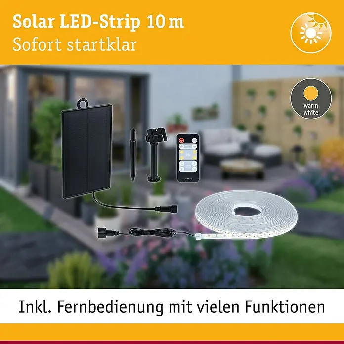 Paulmann LED-Band-Set Stripe Solar - 10 m, Warmweiß, 3,8 W, 300 lm, 5 V - Abbildung eines Solar-LED-Streifens (10 m) mit Fernbedienung und Zubehör vor einem unscharfen Gartenhintergrund.