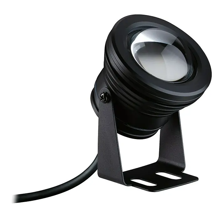 Paulmann Plug & Shine LED-Spot Pool - 6 W, Schwarz, 7,2 x 11 cm - Nahaufnahme einer schwarzen LED-Gartenleuchte mit klarem Glas und Montagefuß. Perfekt für die Außenbeleuchtung von Gärten und Wegen.