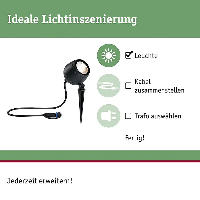 Paulmann Plug & Shine LED-Gartenspot Kikolo - 7,2 W, IP65, Warmweiß, Anthrazit, Abstrahlwinkel: 60 ° - Schwarzer Outdoor-Strahler mit Erdspieß und Anschlusskabel, zeigt einfaches Setup für Gartenbeleuchtung.