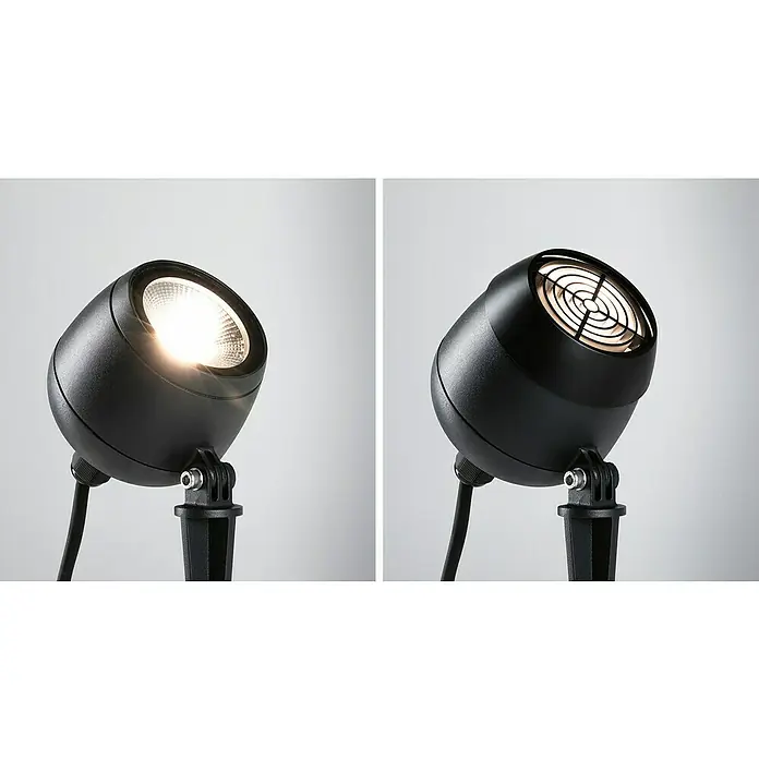 Paulmann Plug & Shine Entblendungsaufsatz Kikolo Grid - 8,3 x 2,15 cm, Anthrazit - Zwei schwarze Gartenstrahler, einer leuchtet hell, der andere ist mit einem Schutzgitter versehen.