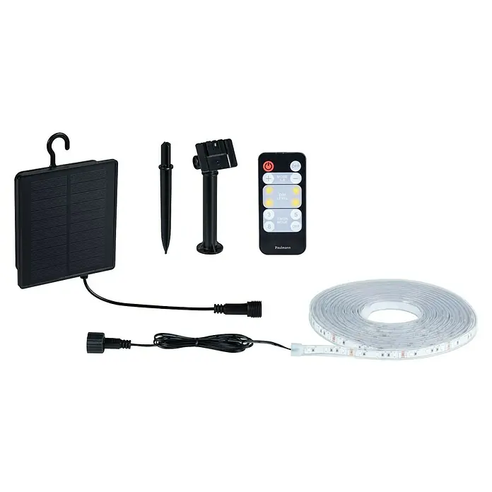 Paulmann LED-Band-Set Stripe Solar - 5 m, RGB, 3,2 W, 300 lm, 5 V - Produktansicht einer LED-Solarleuchte von Paulmann mit Solarpanel, Erdspieß, Fernbedienung und LED-Band für den Außenbereich.