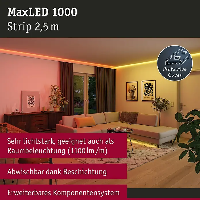 Paulmann MaxLED 1.000 LED-Band Stripe - 250 cm, RGBW, 28 W, 2.500 lm, 230 V - 240 V - MaxLED 1000 Strip 2,5 m: Stimmungsvolle LED-Streifen für indirekte Beleuchtung im Wohnraum, abwischbar und erweiterbar.