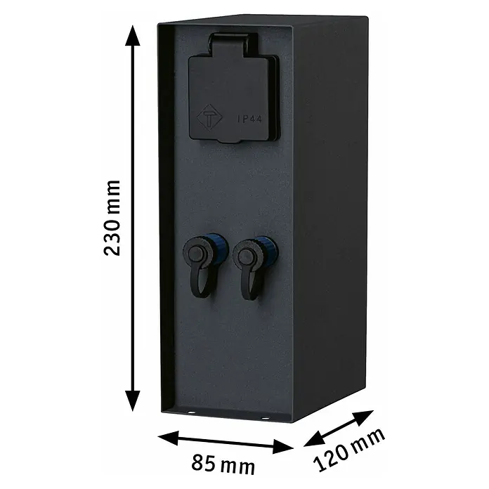 Paulmann Plug & Shine Steckdosensäule Rio - Anthrazit, Höhe: 23 cm, IP44, Ohne Dämmerungssensor - Produktansicht einer schwarzen Stromverteilerbox mit Maßen, ideal für den Außenbereich, mit Steckdose und zwei Anschlüssen.