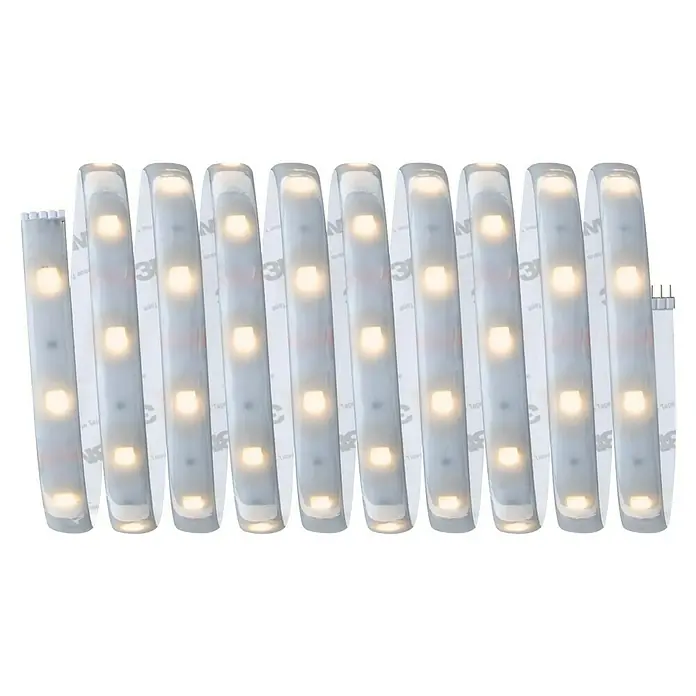 Paulmann MaxLED 250 Smart-LED-Band Basisset beschichtet Zigbee - 300 cm, Warmweiß, 15 W, 750 lm, 230 V - 240 V - Nahaufnahme von mehreren LED-Lichtleisten mit Klebeband auf einer schwarzen Oberfläche. Ideal zur Beleuchtung von Räumen.