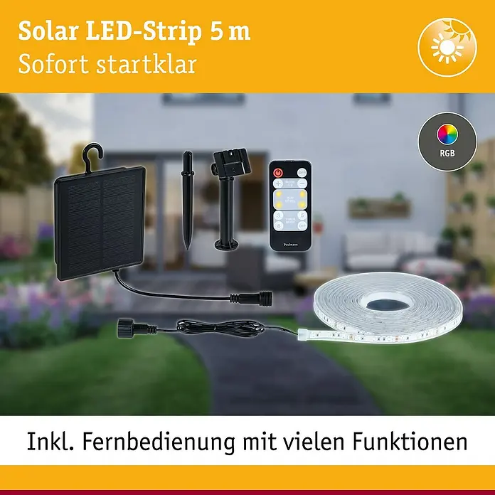 Paulmann LED-Band-Set Stripe Solar - 5 m, RGB, 3,2 W, 300 lm, 5 V - Produktbild eines Solar LED-Streifen 5 m mit Fernbedienung, der sofort einsatzbereit ist. Ideal für Garten und Terrasse.