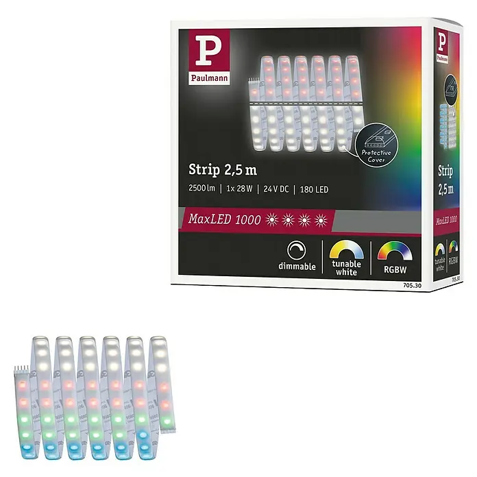 Paulmann MaxLED 1.000 LED-Band Stripe - 250 cm, RGBW, 28 W, 2.500 lm, 230 V - 240 V - Produktverpackung für Paulmann MaxLED 1000 Strip 2,5 m, dimmbar, tunable white und RGBW. Inklusive LED-Streifen zur Veranschaulichung.