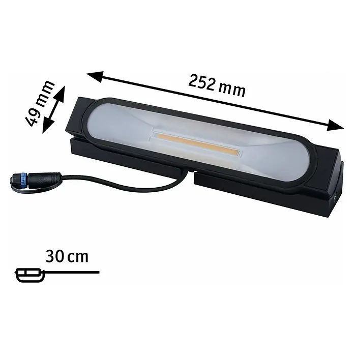 Paulmann Plug & Shine LED-Wandstrahler Ito - L x B x H: 4,9 x 25,2 x 22,4 cm, Warmweiß - Abbildung einer schwarzen LED-Leuchte mit den Maßen 252 mm Länge und 49 mm Breite, einschließlich eines 30 cm langen Kabels.