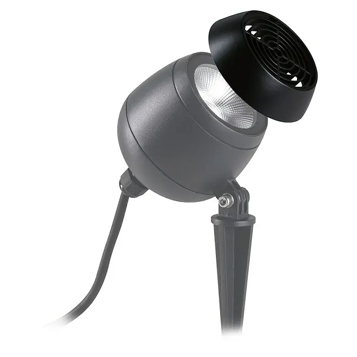 Paulmann Plug & Shine Entblendungsaufsatz Kikolo Grid - 8,3 x 2,15 cm, Anthrazit - Nahaufnahme einer schwarzen LED-Gartenleuchte mit Schutzgitter und Kabel. Sie ist für den Aussenbereich geeignet und sorgt für stimmungsvolle Beleuchtung.