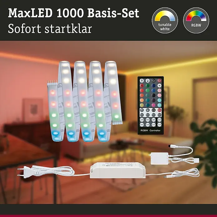 Paulmann MaxLED 1.000 LED-Band Basisset beschichtet - 150 cm, RGBW, 24 W, 1.500 lm - Das MaxLED 1000 Basis-Set, sofort startklar, mit flexiblen LED-Streifen, RGBW-Controller, Netzteil und Zubehör für stimmungsvolle Beleuchtung.