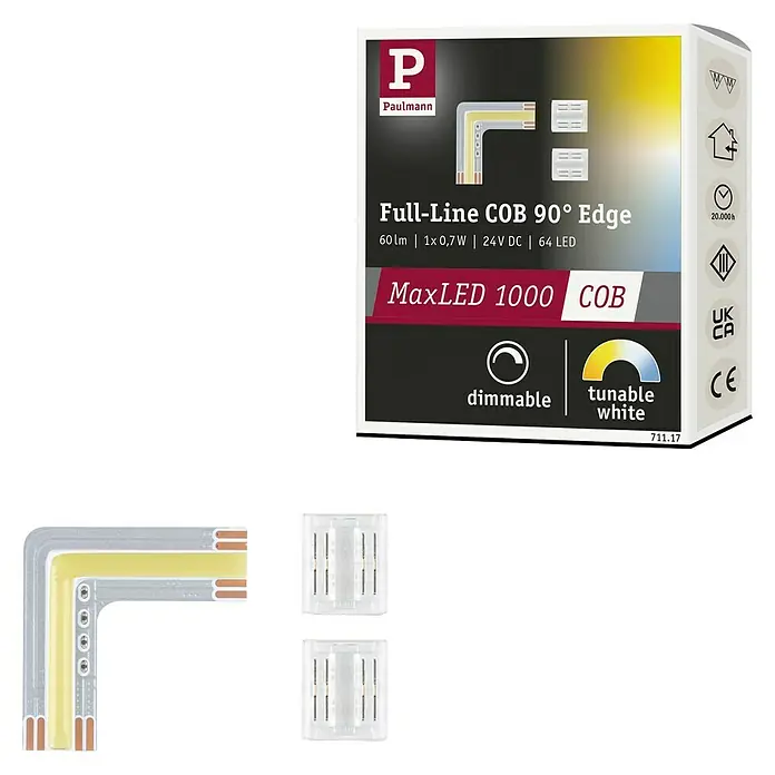 Paulmann MaxLED 1.000 LED-Band-Set Stripe Edge Full-Line COB - 3 cm, Mehrfarbig, 0,65 W, 60 lm, 230 V - 240 V - Abbildung des Paulmann Full-Line COB 90° Edge-Beleuchtungssets, das mit dimmbarer, abstimmbarer, weißer MaxLED 1000 COB-Technologie ausgestattet ist.