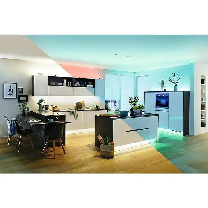 Paulmann MaxLED Tunable White Controller - Passend für: MaxLED RGBW - Moderne Küche mit Kücheninsel, beleuchteten Unterschränken und stilvollen Dekorationselementen für ein ansprechendes Ambiente.