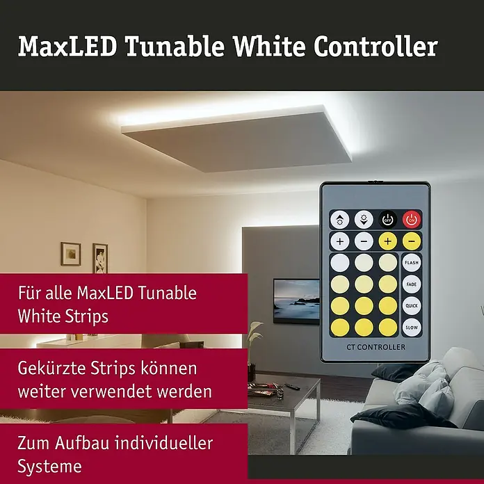 Paulmann MaxLED Tunable White Controller - Passend für: MaxLED Mehrfarbig - Graue MaxLED Tunable White Controller Fernbedienung mit weißen, gelben und roten Tasten, steuert LED-Streifenbeleuchtung im Wohnzimmer.