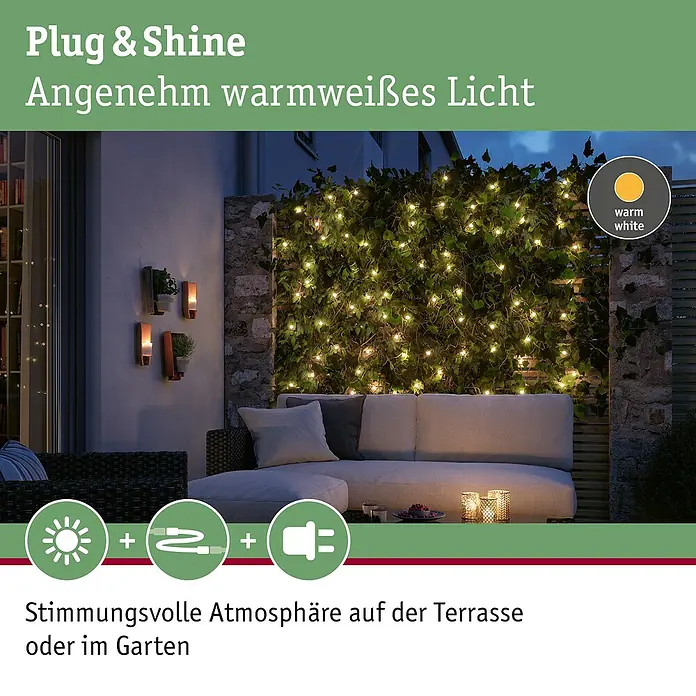 Paulmann Plug & Shine LED-Lichterkette - Außen, Lichtfarbe: Warmweiß, Anzahl Leuchtmittel: 72 Stk., Länge: 7,5 m - Stimmungsvolle Plug & Shine-Beleuchtung für Terrasse oder Garten, die ein angenehm warmweißes Licht erzeugt und eine entspannte Atmosphäre schafft.