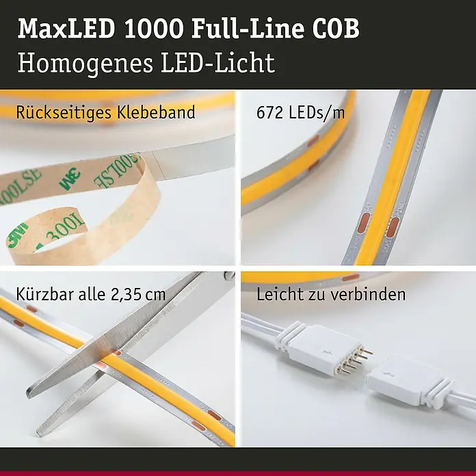 Paulmann MaxLED 1.000 Basis-Set Full-Line COB - 150 cm, 21 W, Mehrfarbig, 1.800 lm - Produktabbildung von MaxLED 1000 Full-Line COB LED-Lichtern mit Klebeband, Flexibilität, 672 LEDs/m und einfachem Verbindungsstück.
