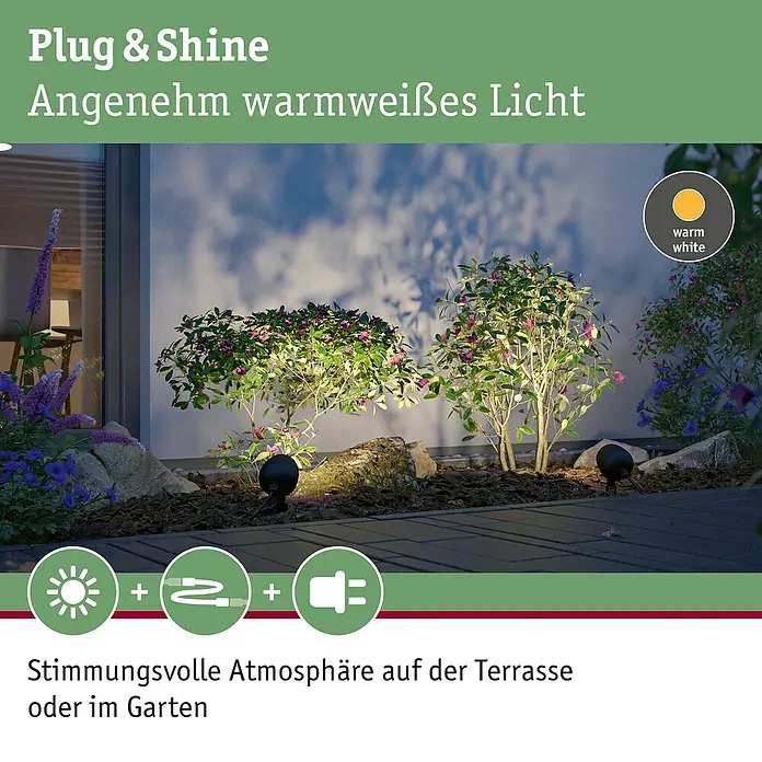 Paulmann Plug & Shine LED-Gartenspot Kikolo - 7,2 W, IP65, Warmweiß, Anthrazit, Abstrahlwinkel: 60 ° - Schwarze Gartenspots beleuchten Pflanzen mit warmweißem Licht und schaffen abends eine einladende Terrassenatmosphäre.