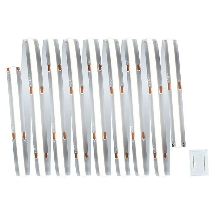 Paulmann MaxLED 500 Verlängerungs-Set Full-Line COB - 250 cm, 15 W, Tageslichtweiß, 1.500 lm - Nahaufnahme von mehreren LED-Streifen mit der Aufschrift "+DC24V", die eine helle und effiziente Beleuchtungslösung bieten.