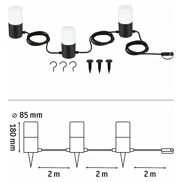 Paulmann Plug & Shine LED-Lichterkette - Außen, Lichtfarbe: Warmweiß, Anzahl Leuchtmittel: 3 Stk. - Bild einer LED-Gartenleuchte mit Erdspieß und technischen Details zur Größe und zum Abstand der Leuchten.