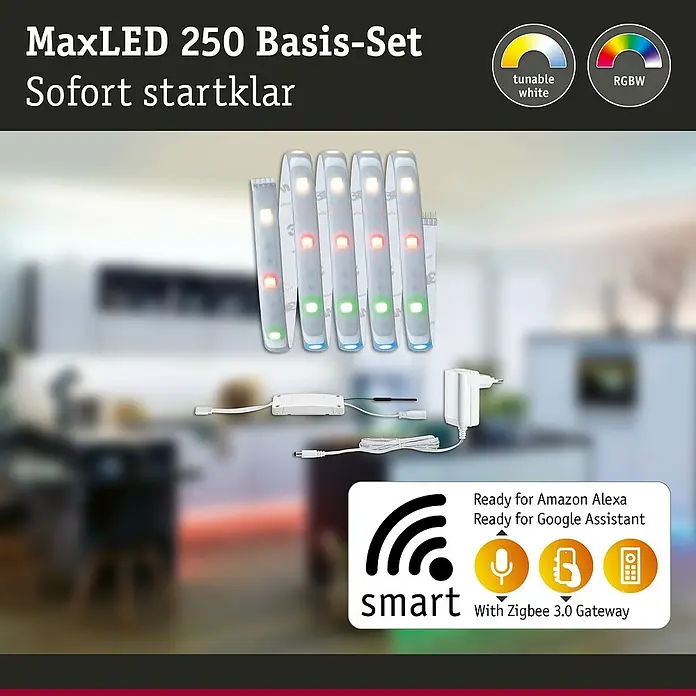 Paulmann MaxLED 250 Smart-LED-Band Basisset beschichtet Zigbee - 150 cm, RGBW, 11 W, 270 lm, 230 V - 240 V - Das MaxLED 250 Basis-Set: Sofort startklar! LED-Streifen mit tunable white und RGBW, smarte Steuerung mit Zigbee 3.0 für Alexa und Google Assistant.