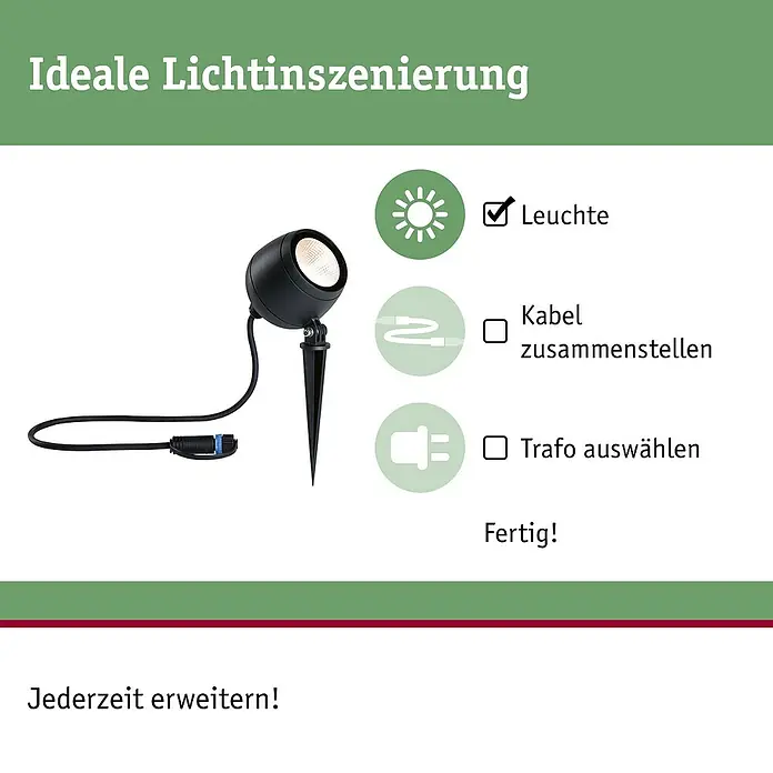 Paulmann Plug & Shine LED-Gartenspot Kikolo - 7,2 W, IP65, Warmweiß, Anthrazit, Abstrahlwinkel: 20 ° - Schwarzer Außenstrahler mit Erdspieß und angeschlossenem Kabel, zeigt Komponenten für ein modulares Außenbeleuchtungssystem.